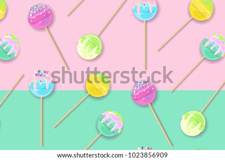 Lollipops on pastel background in flat style design. Fashion trendy background with candy, minimalism concept. Cake pops vector illustration for a poster, cards, background.
