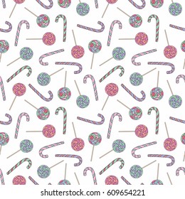 Lollipops on a white background. Seamless vector pattern for design of children's textiles, wallpapers, covers, menus, web designs and kitchen tools