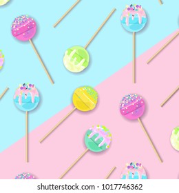 Lollipops pattern design on pastel background in flat style. Fashion trendy background with candy, minimalism concept. Cake pops vector illustration for a poster, cards, background.