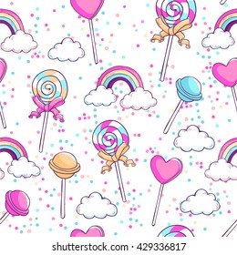 Lollipops, rainbow, clouds and confetti. Sweet candies seamless vector pattern.