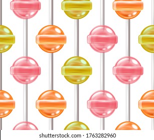 Lollipops, Realistic lollipop candy stick. Sweet food. Summer texture. Kids background. Seamless pattern