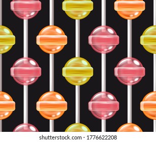 Lollipops, Realistic lollipop candy stick. Sweet food. Summer texture. Kids background. Seamless pattern