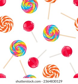 Lollipops patrón sin fisuras. Dibujo vectorial plano de caramelos coloridos redondos. Trato de comida dulce.