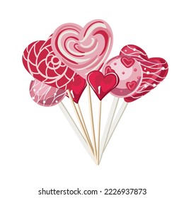 Lollipops set. Cakes and sweets, decorative objects for Mother s Day, Valentine s Day, Women s Day and valentines. Cartoon style, vector illustration.