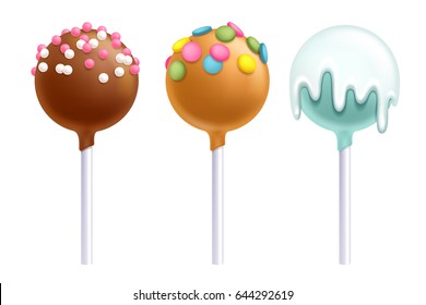 Lollipops set. Colorful cake pops on stick with sprinkles.