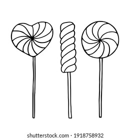 Lollipops. The set contains three candies, heart-shaped, round, twisted. Vector illustration drawn in outline style in doodle style. On a white background.