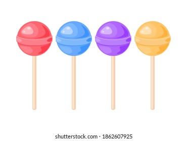 Lollipops set. Vector illustration isolated on white background. Cartoon colorful collection of round popsicle on stick. Clipart icon. Eps 10 design. 