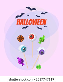 Lollipops in shape of eyes for Halloween treats. Halloween lettering with flying bats on abstract background. Celebration, party concept. Vector illustration for invitation, banner or poster