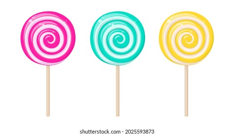 Lollipops, spiral hard sugar candies on stick. Mint, strawberry, lemon and fruit taste lollypops. Vector cartoon set of round caramel with striped swirls on wooden stick isolated on white background