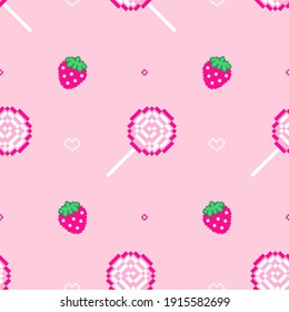 Lollipops and strawberries on pink seamless pattern. Candies and natural sweets on endless background for web design, craft, paper and more. Vector berries and sweet-stuff repeat pattern.