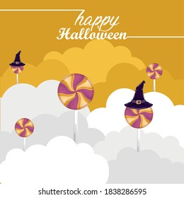 Lollipops and witch hats. Happy halloween card - Vector illustration