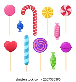 Lollipops e ilustraciones vectoriales de caramelos envueltos. Dibujos de dibujos animados de lineas lindas, bolas de azúcar sobre palos aislados sobre fondo blanco. Postres, dulces, pastelería, concepto de vacaciones