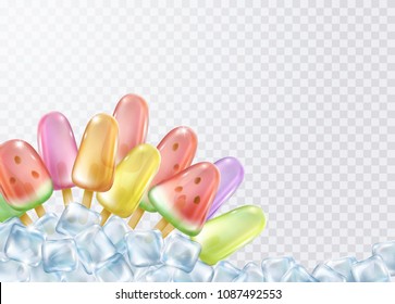 Lolly with ice cubes isolated on transparent background. Realistic different flavors freeze juice on sticks. Vector popsicle or candy template.
