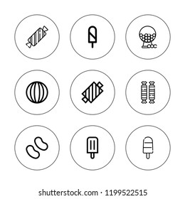 Lolly icon set. collection of 9 outline lolly icons with candies, candy, gum, ice lolly icons. editable icons.