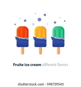 Lolly popsicle, red strawberry, yellow caramel and green color ice cream in wrapping on stick, delicios dessert, different choice, vector illustration icon