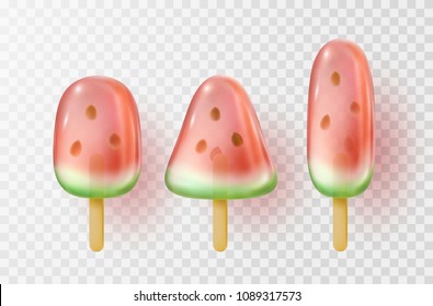 Lolly set isolated on transparent background. Realistic watermelon freeze juice on stick collection. Vector ice lolly, popsicle or candy template.
