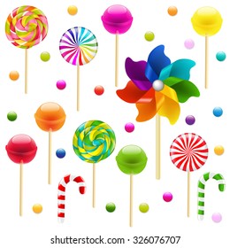 Lollypop Big Set With Pinwheel With Gradient Mesh, Vector Illustration