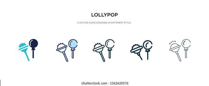 lollypop-Symbol in einer anderen Art Vektorgrafik. Zwei farbige und schwarze Lollypop-Vektorsymbole, die in voller Ausführung, Umriss-, Linien- und Strichstil entworfen wurden, können für Web-, Mobil-, i