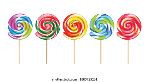 Lollypops realistic set of five striped sweet candies in colors of rainbow isolated vector illustration