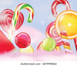 Lollypops striped swirl heart cane ball citrus flavor closeup magic candy land background realistic composition vector illustration
