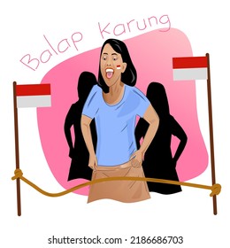 Lomba balap karung is a traditional game race in Indonesia to celebrate Independence Day every August, 17th. Vector illustration of a woman wins sack racing competition. 
