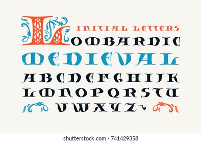Lombardic medieval capital font. Initial letters for logo and monogram design. Print on white background