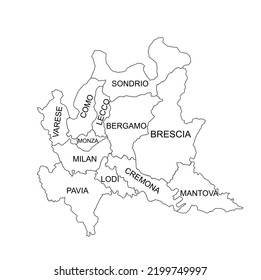 Lombardy map line contour vector silhouette illustration isolated on white background. Italy, regions administrative divisions scheme plan. Separated provinces territory map.