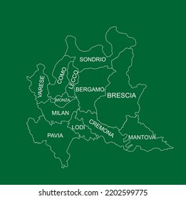 Lombardy map line contour vector silhouette illustration isolated on green background. Italy, regions administrative divisions scheme plan. Separated provinces territory map.