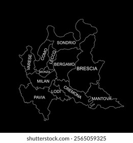 Lombardy map line contour vector silhouette illustration isolated on black background. Italy, regions administrative divisions scheme plan. Separated provinces territory map.