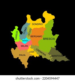 Lombardy map silhouette vector illustration isolated on black background. Lombardia, Italy region. Colorful Lombardy province with separated regions.