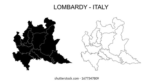 Lombardy Map Vector - Blank Map of Lombardy Region Italy Black Silhouette and Outline Isolated on White