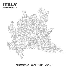 Lombardy region map designed with small points. Vector abstraction in black color is isolated on a white background. Scattered small items are organized into Lombardy region map.