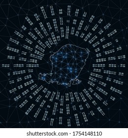 Lombok digital map with binary rays radiating around a glowing island, depicting internet connections and data exchange in a futuristic design. Vector illustration.