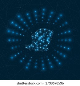 Lombok digital map. Glowing rays radiating from the island. Network connections and telecommunication design. Vector illustration.
