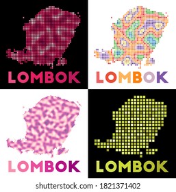 Lombok map. Collection of map of Lombok in dotted style. Borders of the island filled with rectangles for your design. Vector illustration.