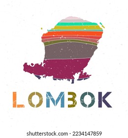 Lombok map design. Shape of the island with beautiful geometric waves and grunge texture. Beautiful vector illustration.