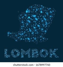 Lombok network map. Abstract geometric map of the island. Internet connections and telecommunication design. Artistic vector illustration.