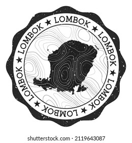 Lombok outdoor stamp. Round sticker with map of island with topographic isolines. Vector illustration. Can be used as insignia, logotype, label, sticker or badge of the Lombok.