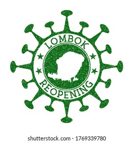 Lombok Reopening Stamp. Green round badge of island with map of Lombok. Island opening after lockdown. Vector illustration.