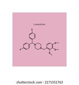 Estructura esquelética plana de la molécula lomerizina, fármaco de clase CCB de la difenilpiperazina utilizado para tratar la migraña. Ilustración vectorial sobre fondo rosado.