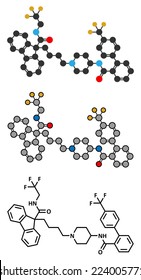 Lomitapide cholesterol lowering drug molecule. Used in treatment of homozygous familial hypercholesterolemia. Stylized 2D rendering and conventional skeletal formula.
