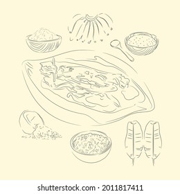 Lompong Sagu And Ingredients Illustration Sketch Style, Traditional Food From Aceh, Good to use for restaurant menu, Indonesian food recipe book, and food content.