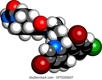 Lonafarnib drug molecule. Inhibitor of farnesyltransferase. 3D rendering. Atoms are represented as spheres with conventional color coding: hydrogen (white), carbon (black), nitrogen (blue), etc