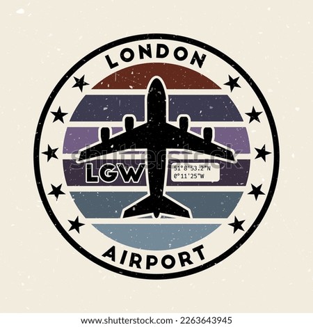 London airport insignia. Round badge with vintage stripes, airplane shape, airport IATA code and GPS coordinates. Elegant vector illustration.