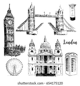 London architectural symbols: St. Paul Cathedral, Big Ben and Tower of London. Beautiful hand drawn vector sketch illustration.