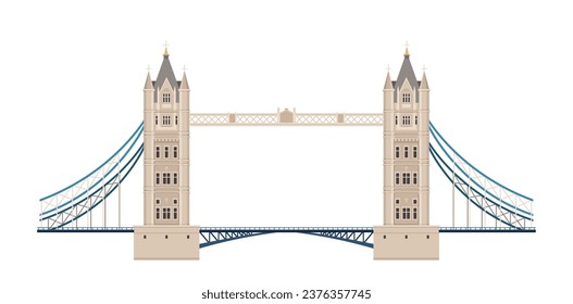 London architecture element. Traditional britain sightseen. Grey ancient bridge with towers. United kingdom. Poster or banner. Cartoon flat vector illustration isolated on white background