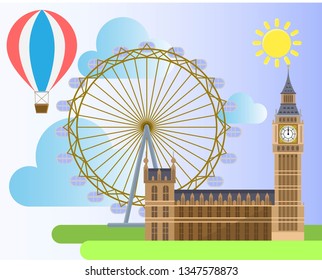 london architecture. such as london eye wheel , westminster palace ,  tourist balloon on the sunshine and cloud background