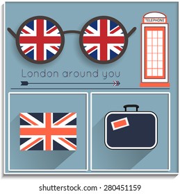 London around you, set of elements with an English flag, the journey to London. vector