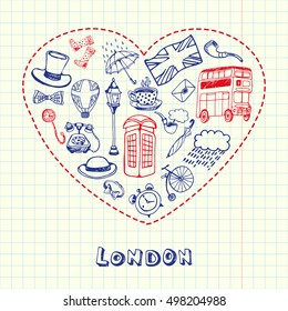 London associated symbols. London national and cultural related and sketches with pen London ethnic elements. 