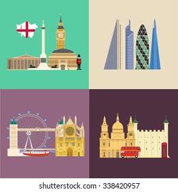 London Attraction Landmark Flat.bridge, big ben, museum, bus, pinnacle, royal albert, St Paul's, The Shard, the gherkin, tower of london, Trafalgar Square, westminster